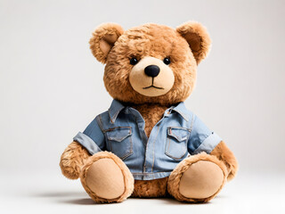 Obraz premium A classic brown teddy bear is dressed in a stylish denim shirt, sitting against a clean white background.