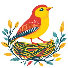 Obraz premium Colorful bird in nest, decorative illustration