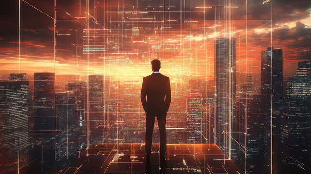 A businessman stands in front of a cityscape, surrounded by digital data, technology, and a global network concept