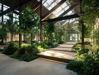 Fototapeta premium Urban forestry and green spaces initiative indoor botanical garden design showcase bright and airy environment natural light viewpoint sustainable living concept