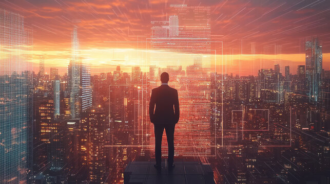 A businessman stands in front of a cityscape, surrounded by digital data, technology, and a global network concept