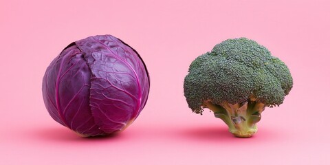 Purple cabbage and green broccoli against a pink background