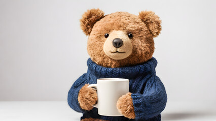 A cozy brown teddy bear is wearing a blue sweater and holding a white mug, sitting against a clean white background.