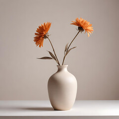 A ceramic vase with a single dried flower, isolated on a white surface.