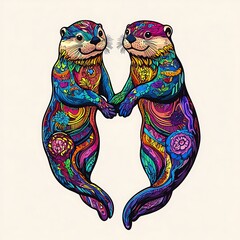 Fototapeta premium Two otters, holding hands, floral pattern, art, decor