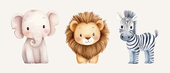 Watercolor Safari Animal Illustrations Elephant Lion Zebra Giraffe. Cute Safari Wildlife Watercolor Paintings Collection