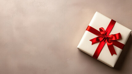 Fototapeta premium beautifully wrapped gift box with red ribbon sits elegantly on textured beige surface, creating sense of anticipation and celebration