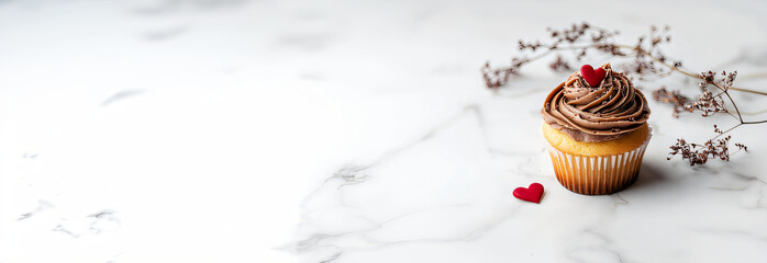 Vanilla cupcake muffin with a red heart on whipped mocha mousse on kitchen background. banner template for love, sweets, poster, and cards for party, birthday and Valentine's day with place for text.