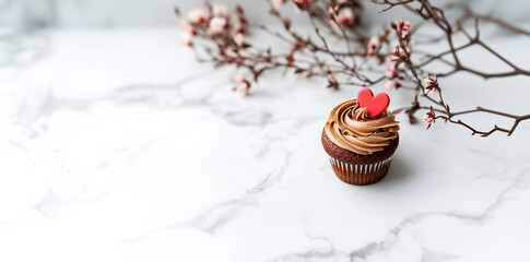 Chocolate cupcake with a red heart on whipped mocha mousse on kitchen background. banner template for love, sweets, poster, and cards for party, birthday and Valentine's day with place for text.