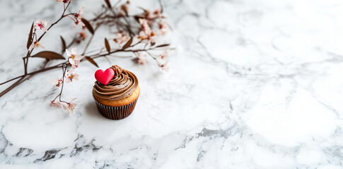 Vanilla cupcake muffin with a red heart on whipped mocha mousse on kitchen background. banner template for love, sweets, poster, and cards for party, birthday and Valentine's day with place for text.