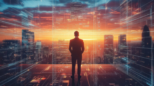 A businessman stands in front of a cityscape, surrounded by digital data, technology, and a global network concept