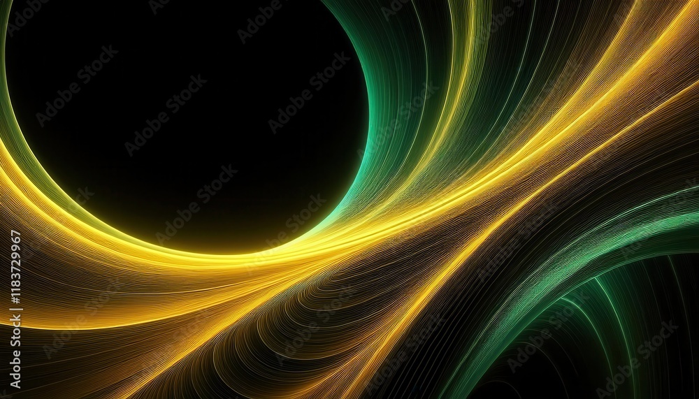 Wall mural intertwined golden and green light trails on a black background, forming an abstract flowing wave pa