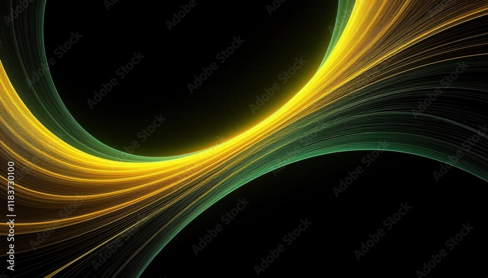 Poster intertwined golden and green light trails on a black background, forming an abstract flowing wave pattern with dynamic energy and depth

