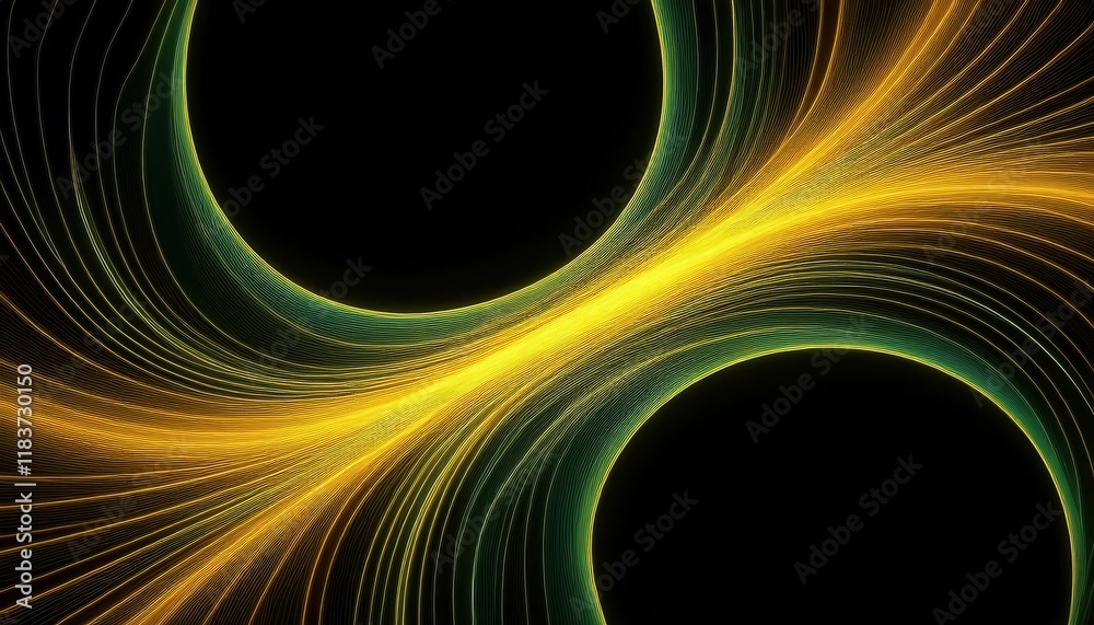 Poster intertwined golden and green light trails on a black background, forming an abstract flowing wave pattern with dynamic energy and depth

