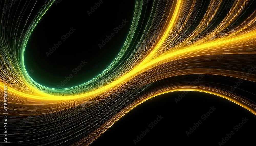 Poster intertwined golden and green light trails on a black background, forming an abstract flowing wave pattern with dynamic energy and depth

