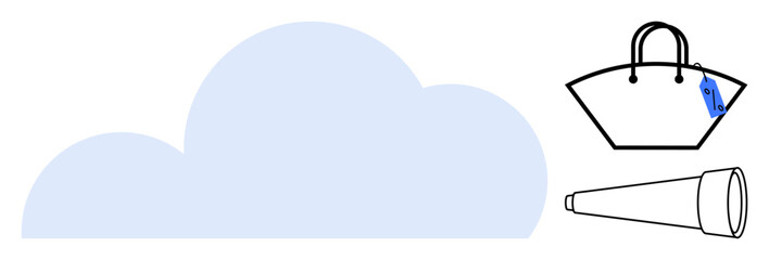 Cloud with a shopping bag and a telescope nearby. Ideal for cloud storage, data security, online shopping, exploration, digital marketing, technology solutions, abstract line flat metaphor