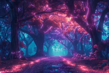 Fototapeta premium Explore the enchanting glow of a mystical forest path illuminated by vibrant colors and ethereal light.