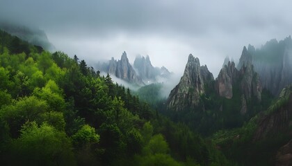 Forest Valley View In Morning Fog