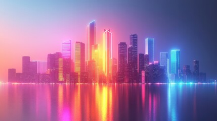 Neon Cityscape at Sunset: A Futuristic Metropolis Reflecting in Calm Waters