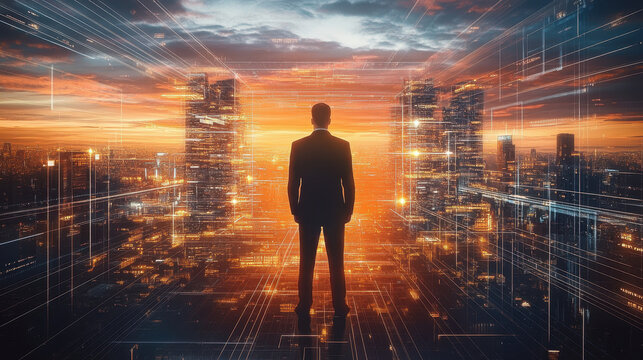 A businessman stands in front of a cityscape, surrounded by digital data, technology, and a global network concept