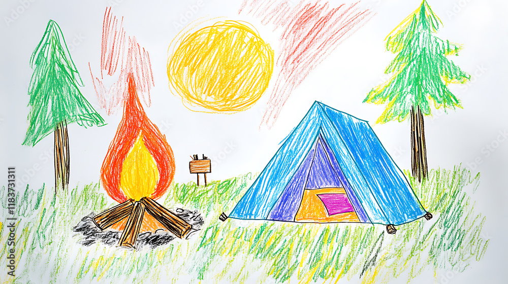 Aufkleber camping scene with a cozy tent and a campfire 4 year old's simple scribble colorful juvenile crayon 