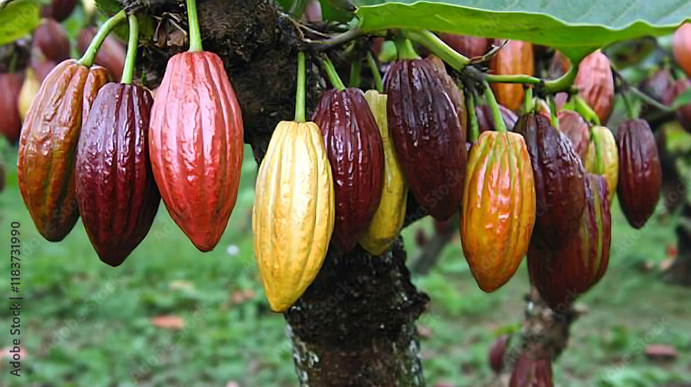 Poster Close-up of cocoa beans growing on a tree