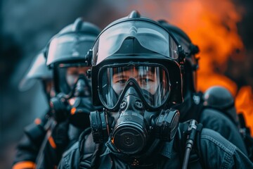 Fototapeta premium Close-up Portrait, Courageous Firefighter Team Tackles Intense Blaze, Wearing Protective Gear.