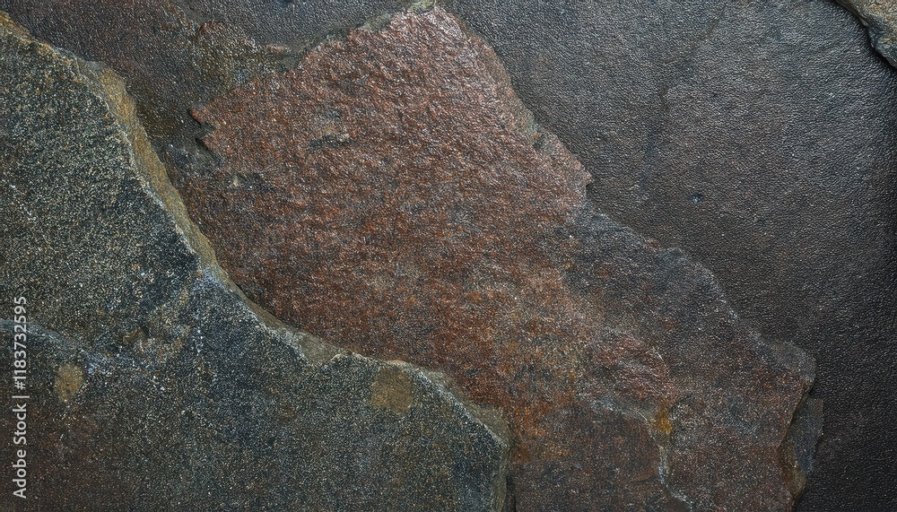 Poster close-up of textured dark slate stone surface with natural rough patterns and earthy tones for use in background design or texture projects