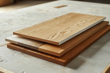 Fototapeta premium Interior material samples including wood and flooring options displayed on a wooden table with empty space for a mood board
