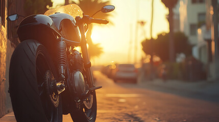 Close up on a motorcycle parked along a street at sunset