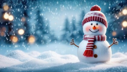 Fototapeta premium adorable snowman with red striped hat and scarf in snowy winter landscape, soft glowing bokeh lights, perfect for festive holiday designs