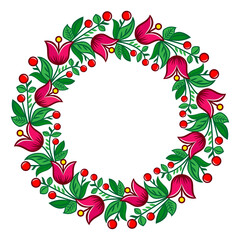 Polish folk art from Zalipie vector floral wreath design - pattern with flowers and leaves in circle