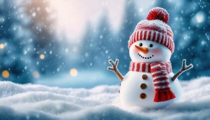 Fototapeta premium adorable snowman with red striped hat and scarf in snowy winter landscape, soft glowing bokeh lights, perfect for festive holiday designs