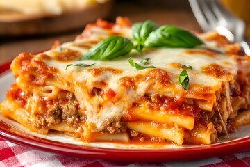 Close-up of baked ziti in an italian restaurant, with cheese and basil