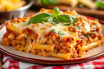 Close-up of baked ziti in an italian restaurant, with cheese and basil