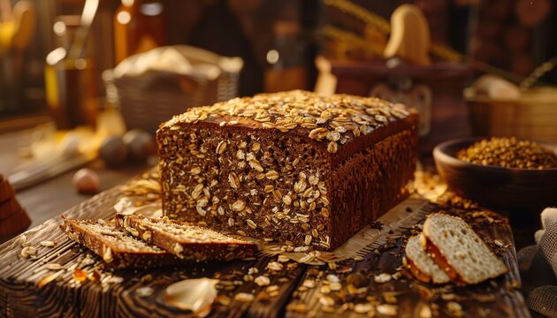 A freshly baked loaf of multigrain bread on a wooden table, with slices cut and scattered seeds.
