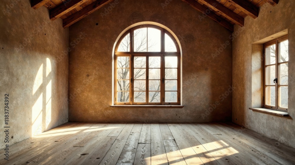 Poster Sunlight streams through an arched window in a rustic room with wooden floors and plaster walls