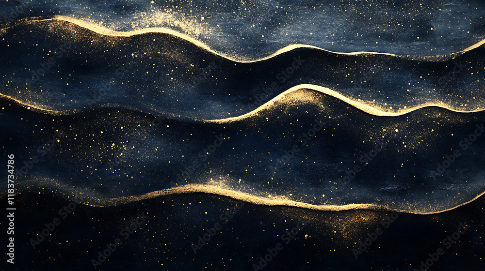 Poster dark blue gold waves decoration fabric, a normal simple grainy noise grungy empty space or spray tex