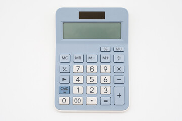 Light blue digital calculator on isolated background. Device for calculating the numbers. Copy Space.