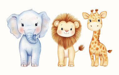 Watercolor Safari Animal Illustrations Elephant Lion Zebra Giraffe. Cute Safari Wildlife Watercolor Paintings Collection