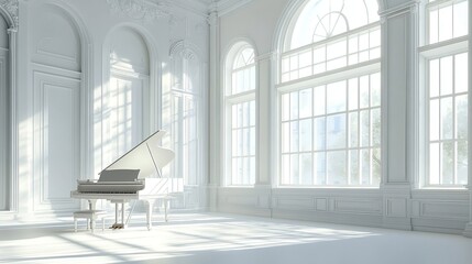 Luxurious room with high ceiling, grand white piano, and large windows for natural light.