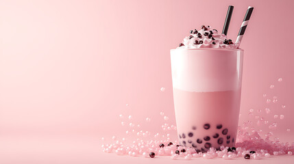 Delicious bubble tea with tapioca pearls on pink background