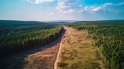 Deforestation concept, half of deforestated land and half of land with forest, drone view