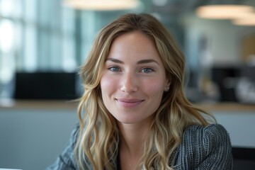 Fototapeta premium Portrait of a confident businesswoman smiling in a modern office setting.
