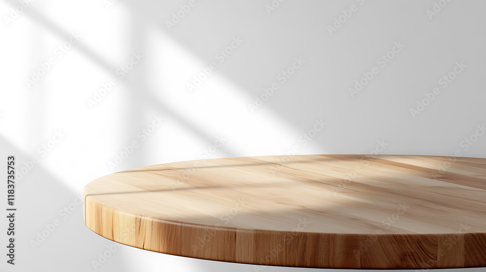 Poster empty beautiful round wood table top counter on interior in clean and bright with shadow background,