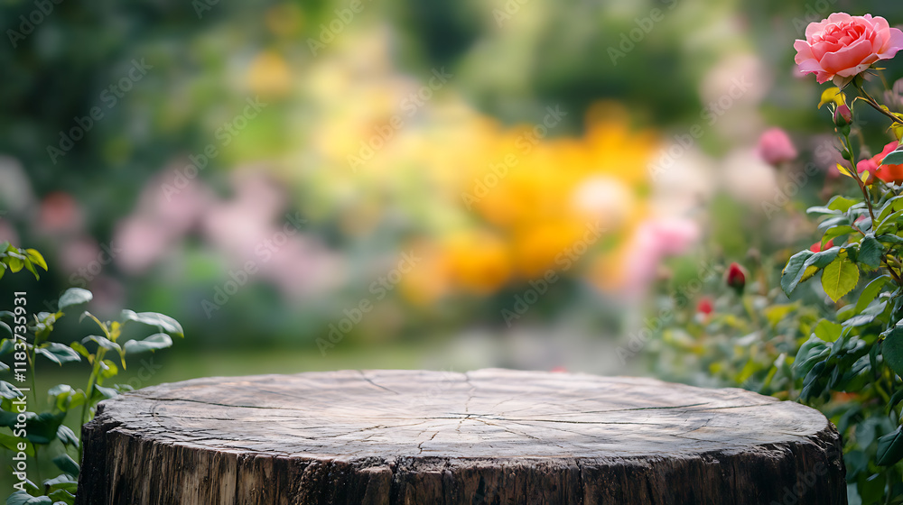 Poster Empty old tree stump table top with blur rose garden background for product display template, mock up, panoramic image