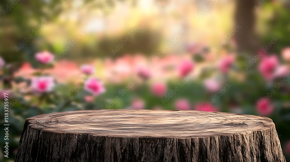Poster Empty old tree stump table top with blur rose garden background for product display template, mock up, panoramic image