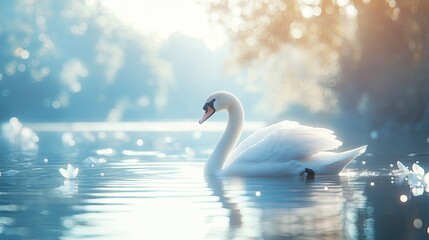Obraz premium Serene Swan on a Tranquil Lake at Dawn