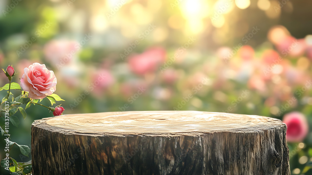 Poster Empty old tree stump table top with blur rose garden background for product display template, mock up, panoramic image