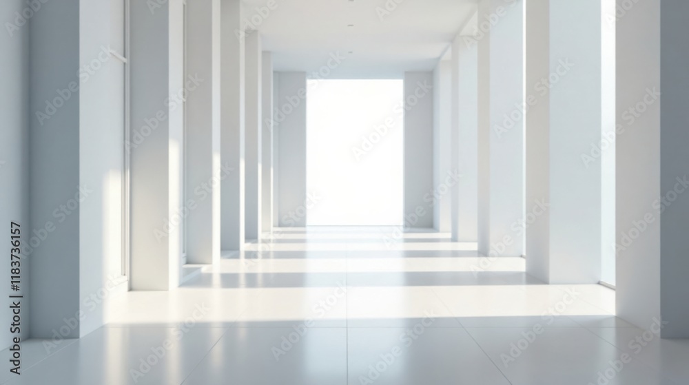 Poster sunlit modern white corridor with clean lines and minimalist design